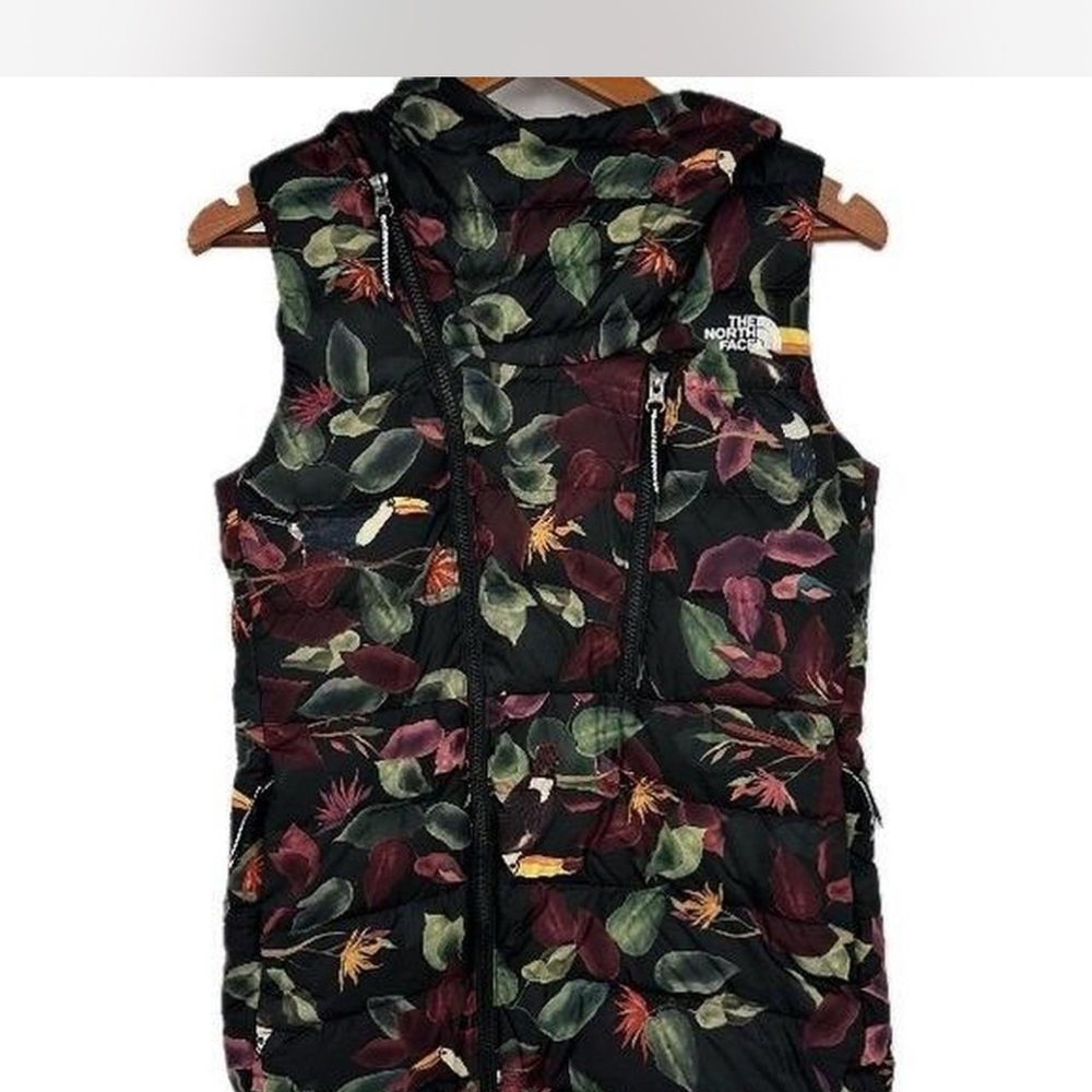 The North Face Black Vest with floral toucan design. Hooded. Down filled. Rare - Picture 2 of 6